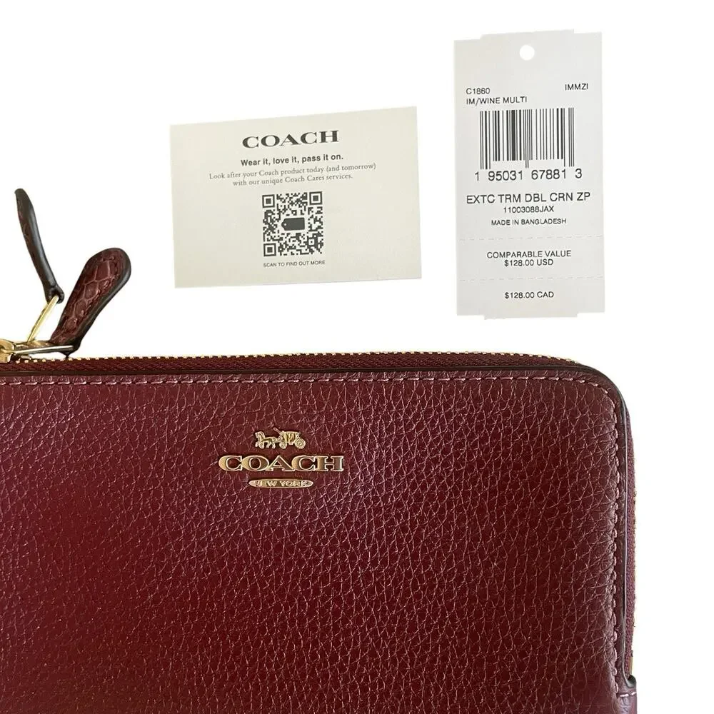 COACH Double Corner Zip Wristlet Wallet NWT Wine Multi Pebbled Leather Gold Tone